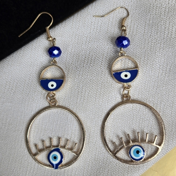 Elegant Gold Tone Blue Evil Eye Earrings - Picture 13 of 15
